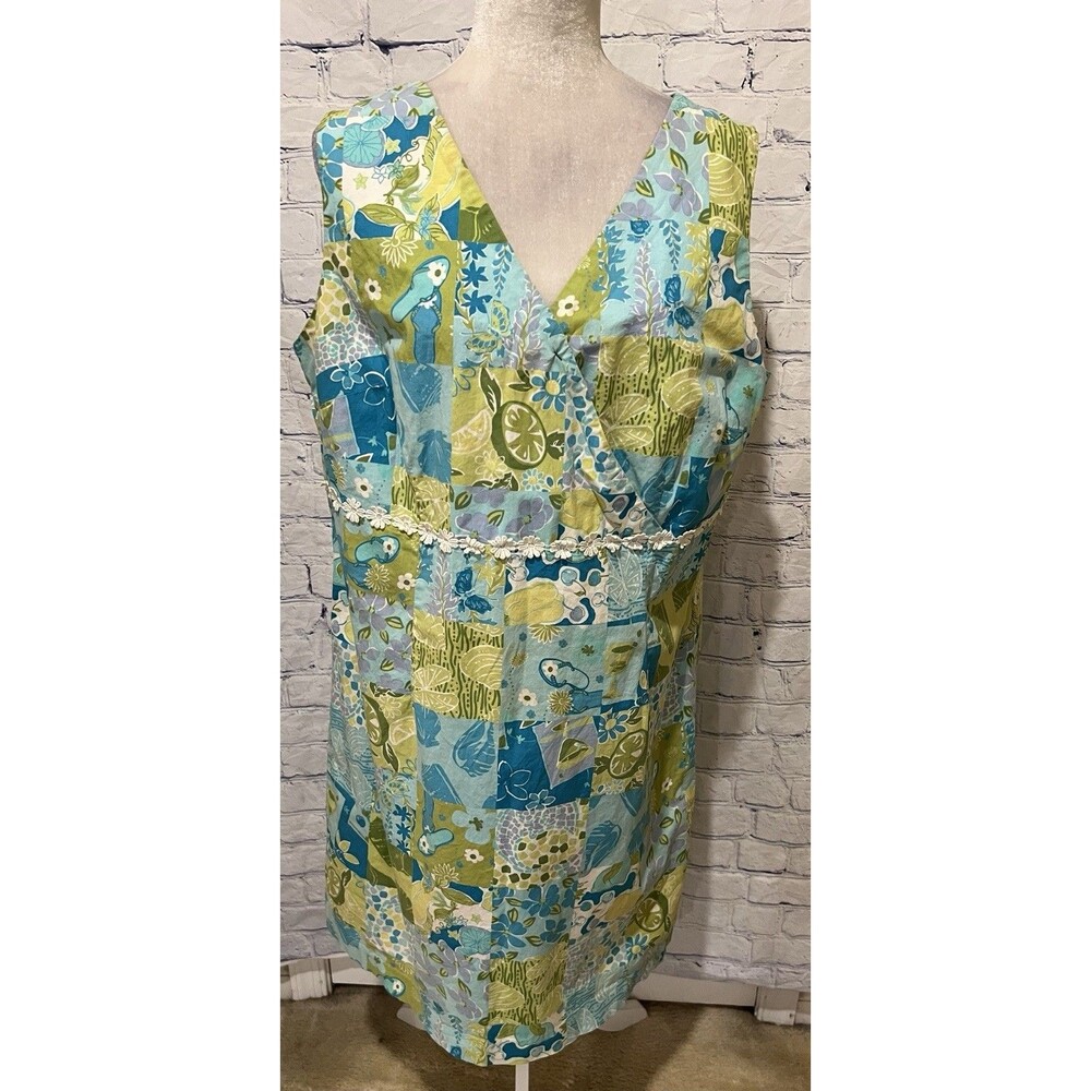 Tahiti Reef Club Dress Sleeveless Cotton Sheath Turquoise/Citron Floral Plus 1X